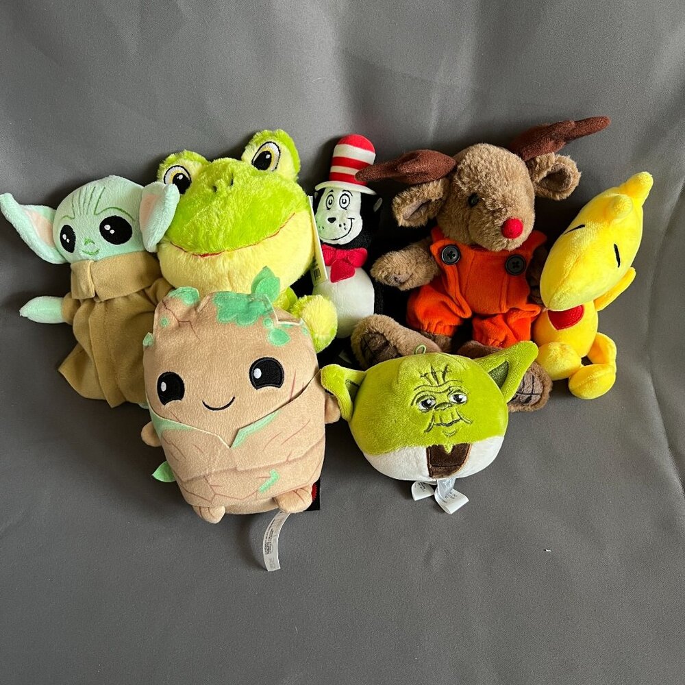 Lot Of 7 Plush Toys Featuring Baby Yoda Yoda Groot Frog Cat In The Hat Reindeer